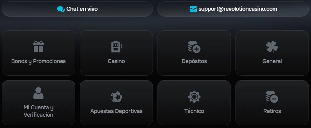 Revolution Casino atención al cliente y chat en vivo